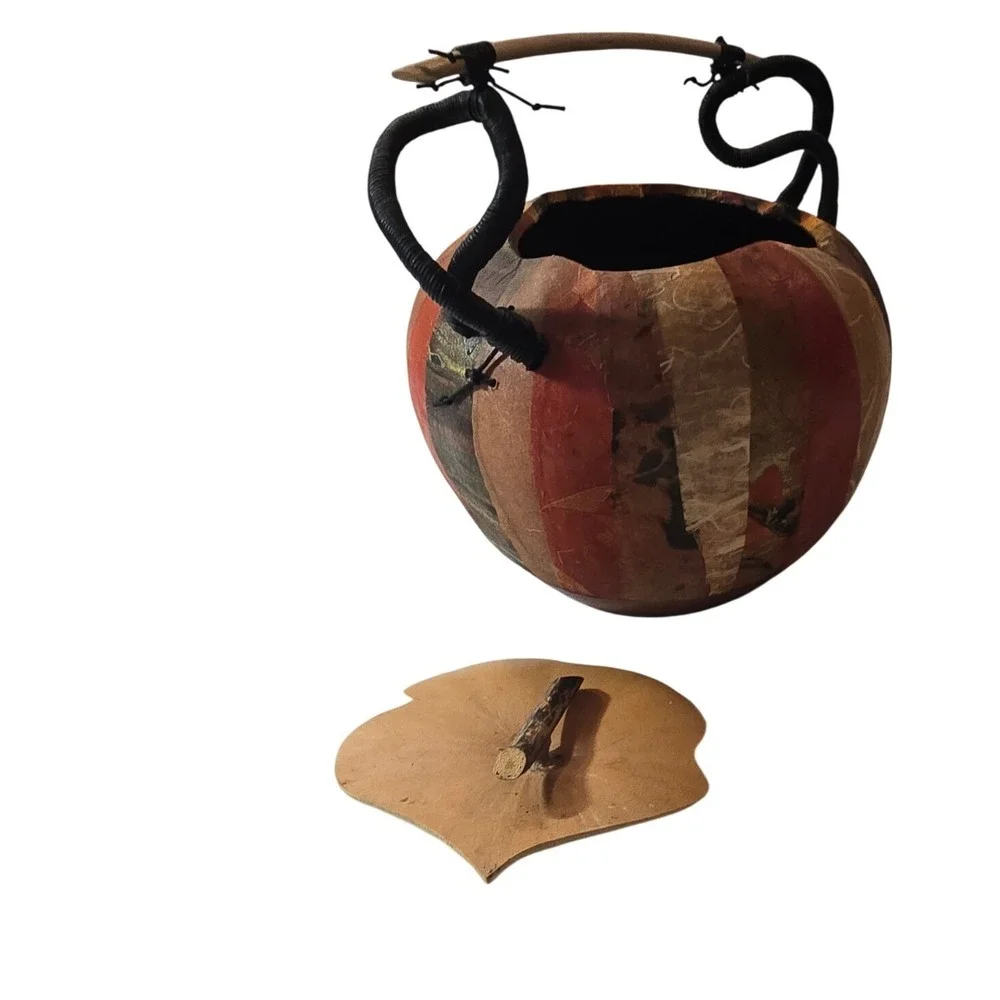 Artisan Handmade Gourd Decorative Vessel with Leaf Lid and Coiled Handle signed